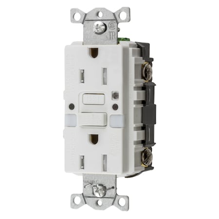 Hubbell Wiring Device-Kellems Power Protection Products, Receptacles, GFCI, Commercial Grade, Self Test, 15A 125V, 2-Pole 3-Wire Grounding, 5- 15R, With Nightlight, White GFTRST15WNL